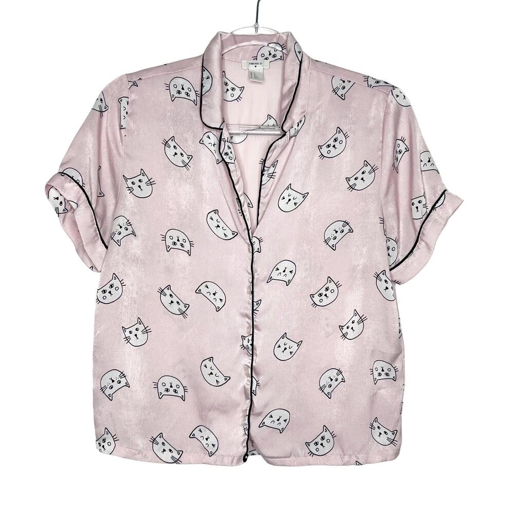 FOREVER 21 Cat Print Pajama Shirt Shorts Set Satin Lightweight Pink Size Small